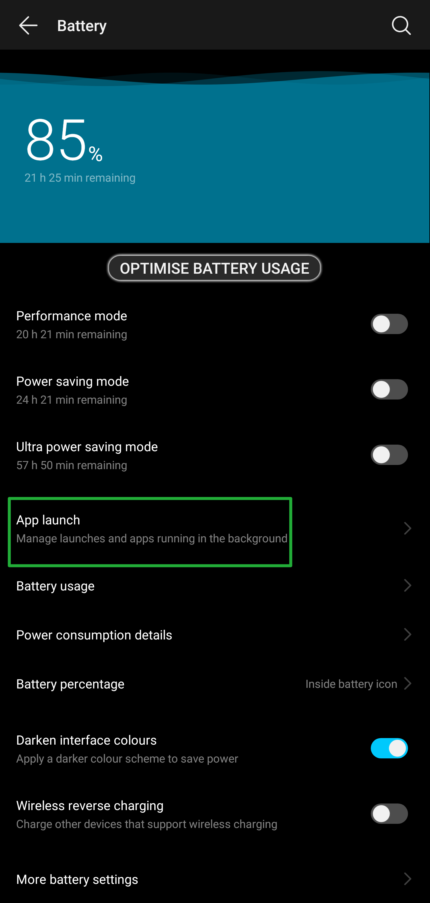 App launch settings list