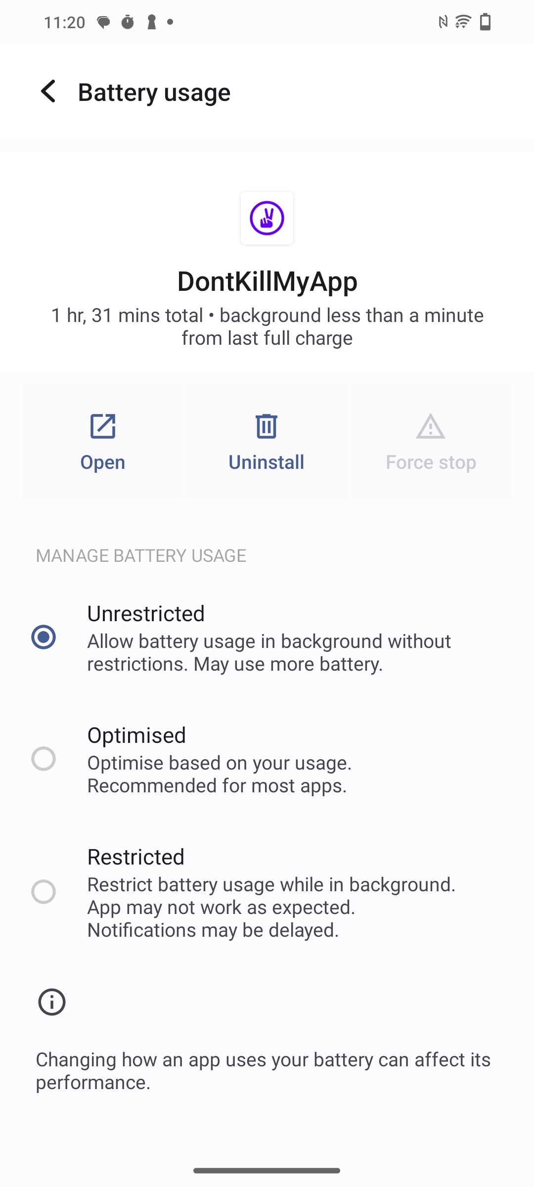 Battery set to Unrestricted